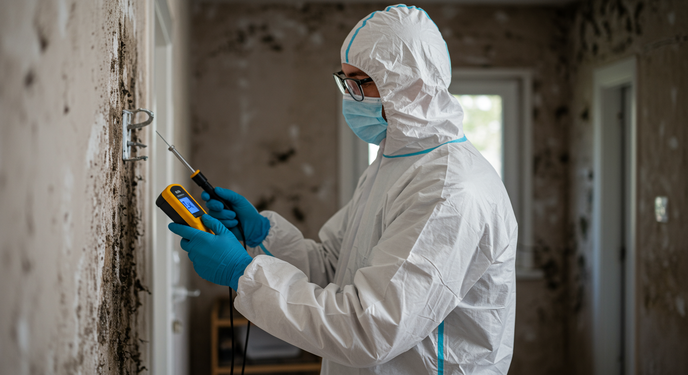 A professional wearing protective gear conducts a mold test in a home environment. The scene captures the inspector using a moisture meter on a wall, with visible mold patches in the background.