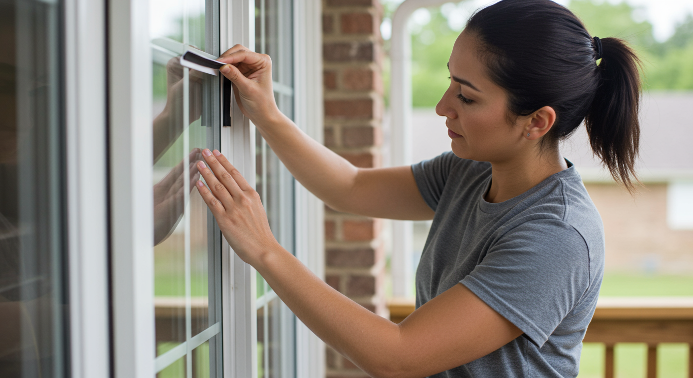 A homeowner sealing windows and doors with weather stripping, demonstrating proactive measures to prevent mold growth.