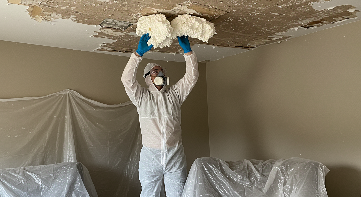 A scene depicting a worker in full protective gear (mask, goggles, gloves) carefully removing popcorn ceiling material, with furniture covered in plastic sheets to protect from dust and debris.