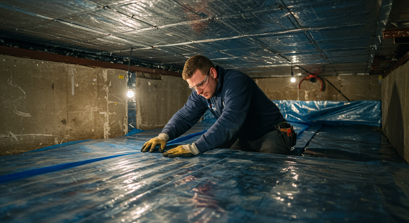 A close-up of a technician installing a vapor barrier in a crawl space. The technician is focused and wearing safety gear, showcasing the professional aspect of the encapsulation process.