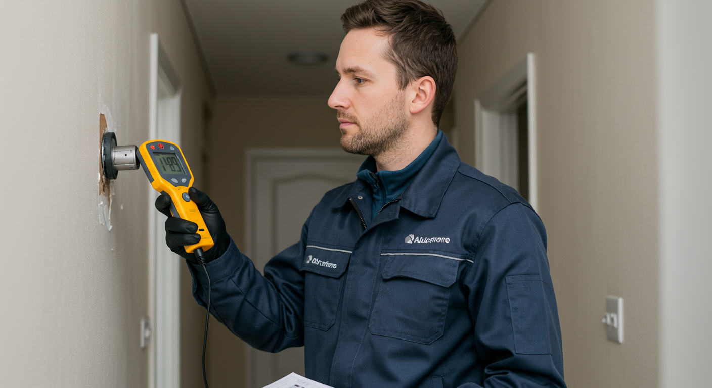 A technician in uniform carefully using a moisture meter to assess the water damage on a wall in a residential property.
