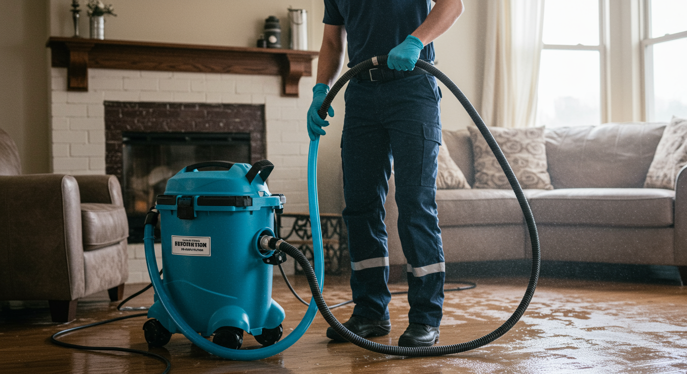 A professional water damage restoration technician in action, using advanced equipment to extract water from a flooded living room. The technician is focused and determined, showcasing the urgency of the service.