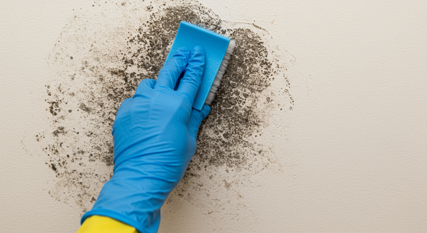 A close-up shot of a professional applying a mold cleaning solution to a wall with visible black mold.
