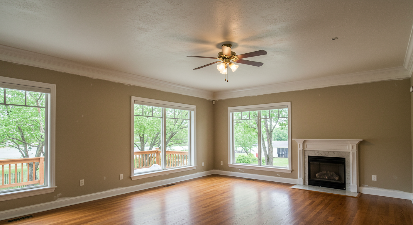 A beautifully finished room with a smooth ceiling, showcasing the final result of popcorn ceiling removal. The room is well-lit and decorated, emphasizing the transformation.