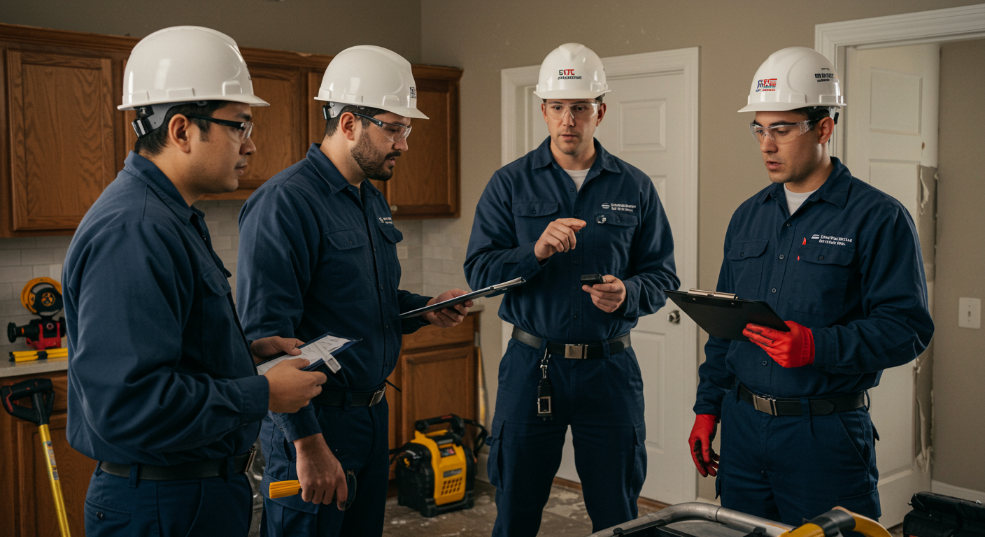 A team of water restoration specialists collaborating in a home, discussing their plan of action while inspecting the damage. The image conveys teamwork and professionalism, showcasing the specialists in action with tools and equipment in the background.