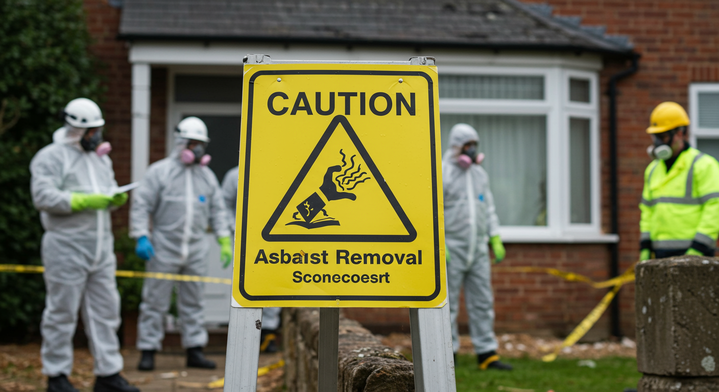 A safety sign prominently displayed in front of a house undergoing asbestos removal, with workers in the background following safety protocols.