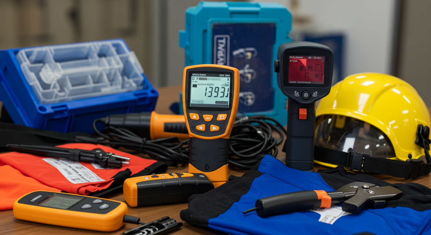 A close-up shot of various tools and equipment used for water damage inspection, such as moisture meters, infrared cameras, and safety gear, arranged neatly on a table. This showcases the technology and expertise involved.
